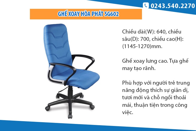 Ghế Hòa Phát SG602 - Ghế xoay lưng cao màu xanh lam