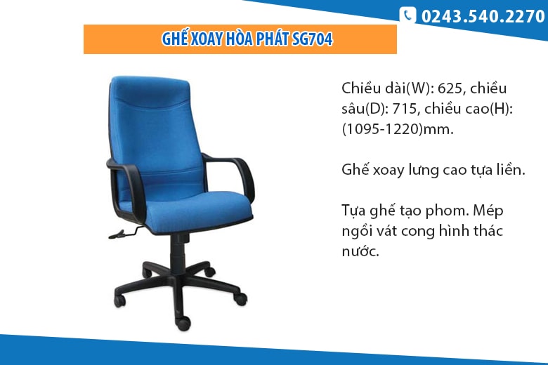 Ghế Hòa Phát SG704 - Ghế xoay lưng cao bọc nỉ màu xanh lam