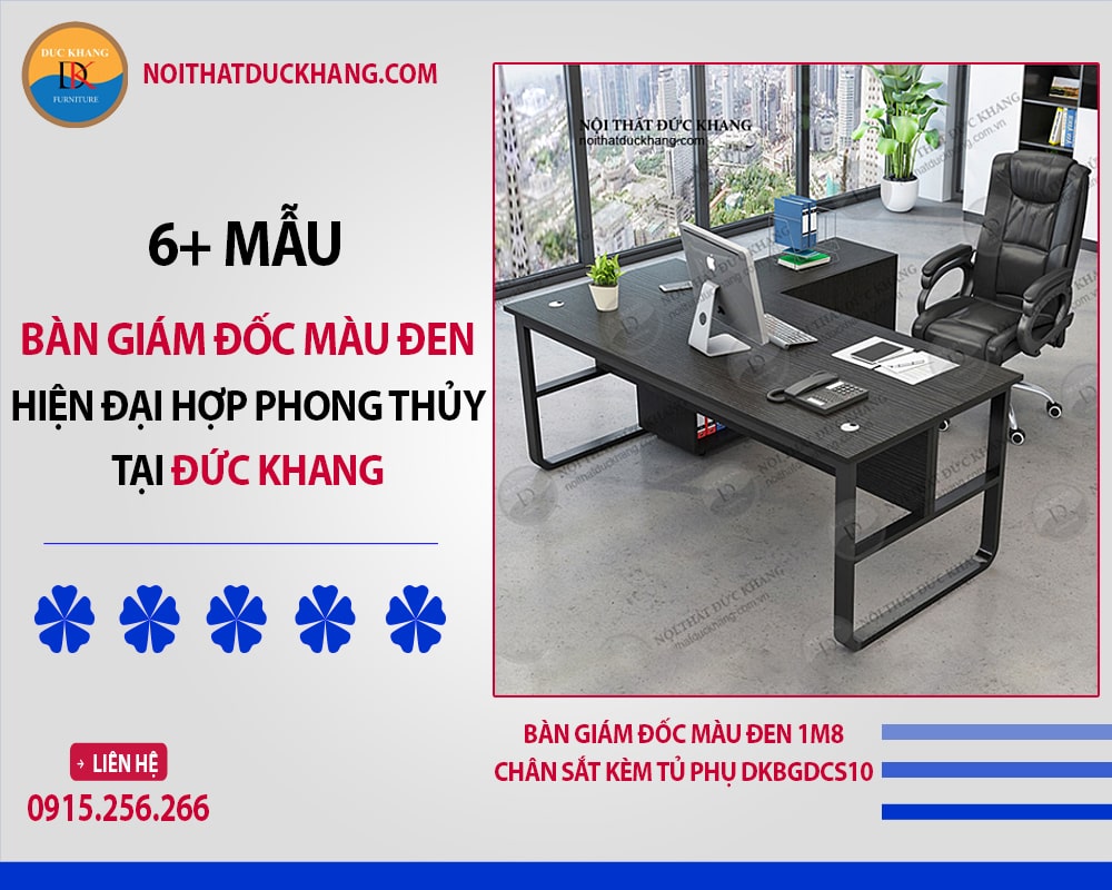 Bàn giám đốc màu đen 1m8 chân sắt kèm tủ phụ DKBGDCS10