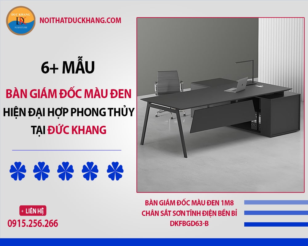 Bàn giám đốc màu đen 1m8 chân sắt sơn tĩnh điện bền bỉ DKFBGD63-B