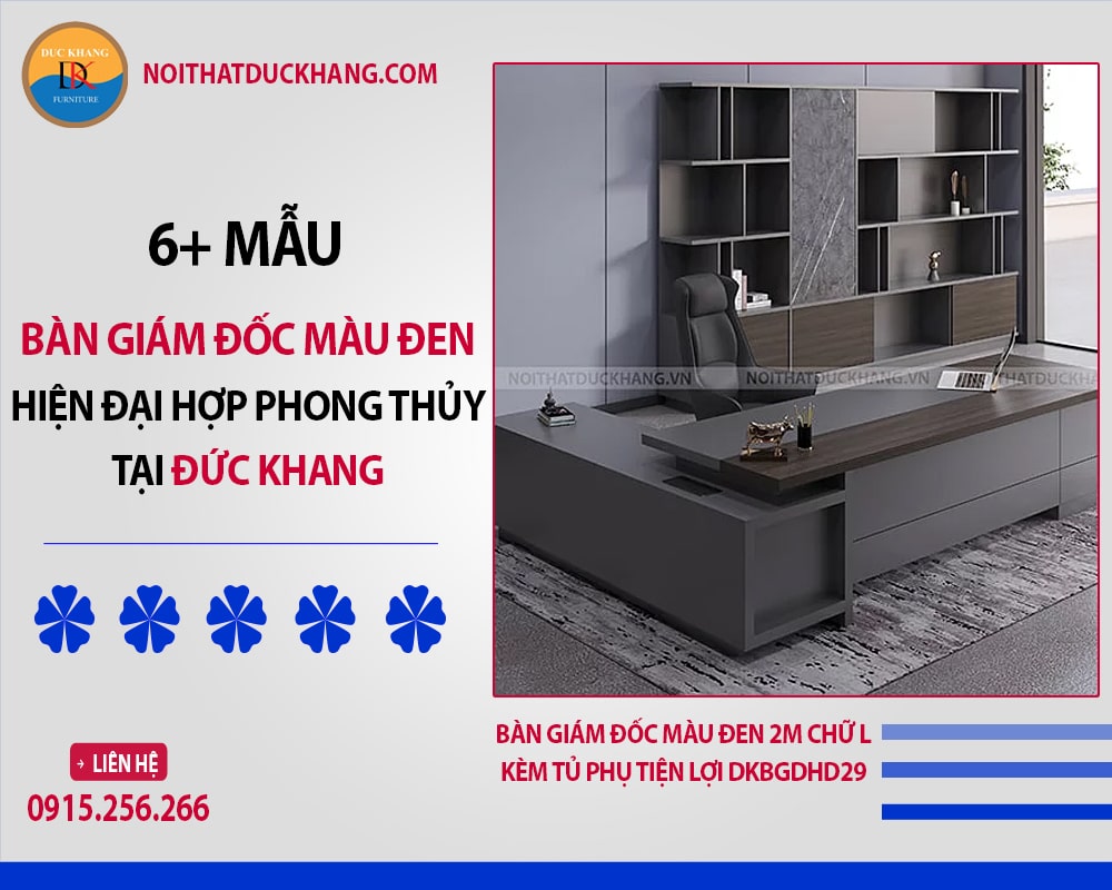 Bàn giám đốc màu đen 2m chữ L kèm tủ phụ tiện lợi DKBGDHD29