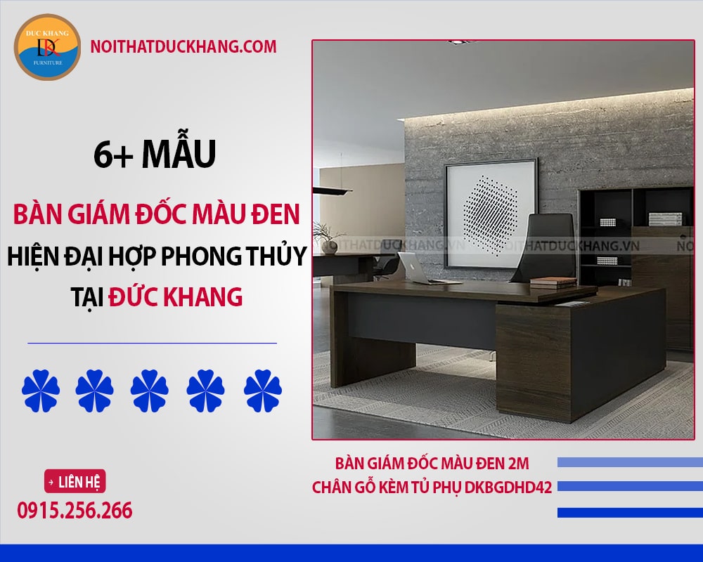 Bàn giám đốc màu đen 2m chân gỗ kèm tủ phụ DKBGDHD42