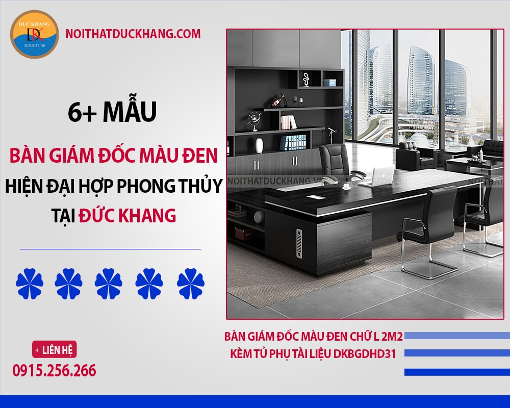 Bàn giám đốc màu đen chữ L 2m2 kèm tủ phụ tài liệu DKBGDHD31