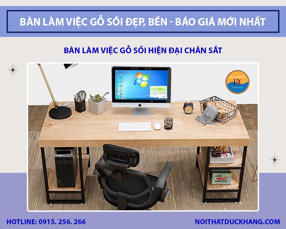 Bàn làm việc gỗ sồi hiện đại chân sắt
