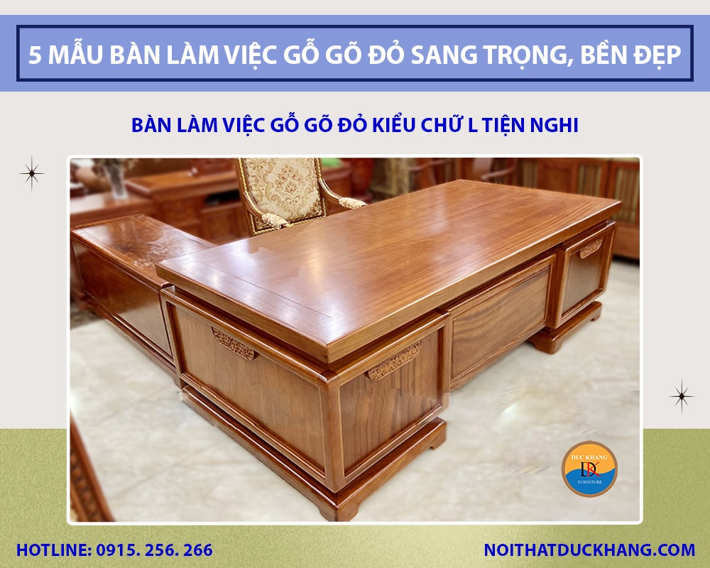 Bàn làm việc gỗ gõ đỏ kiểu chữ L tiện nghi Bàn làm việc gỗ gõ đỏ kiểu chữ L tiện nghi