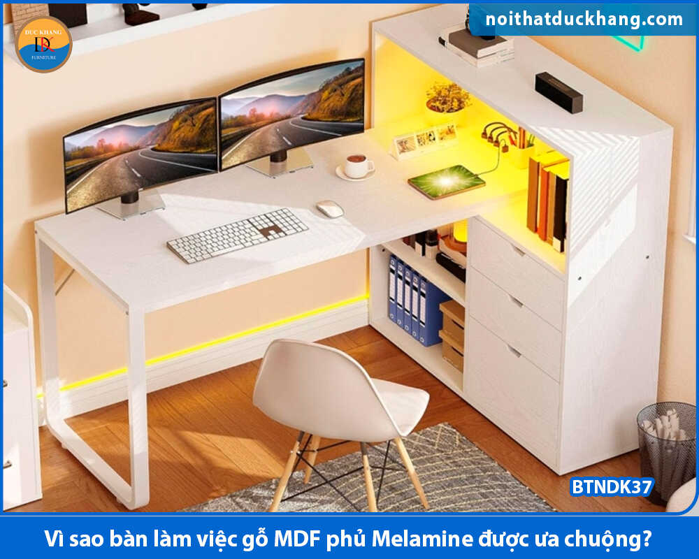 Mẫu bàn làm việc gỗ MDF phủ Melamine liền kệ