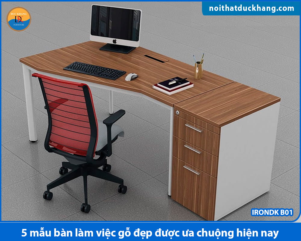 Bàn làm việc gỗ đẹp chân sắt kèm hộc liền tiện lợi IRONDK B01