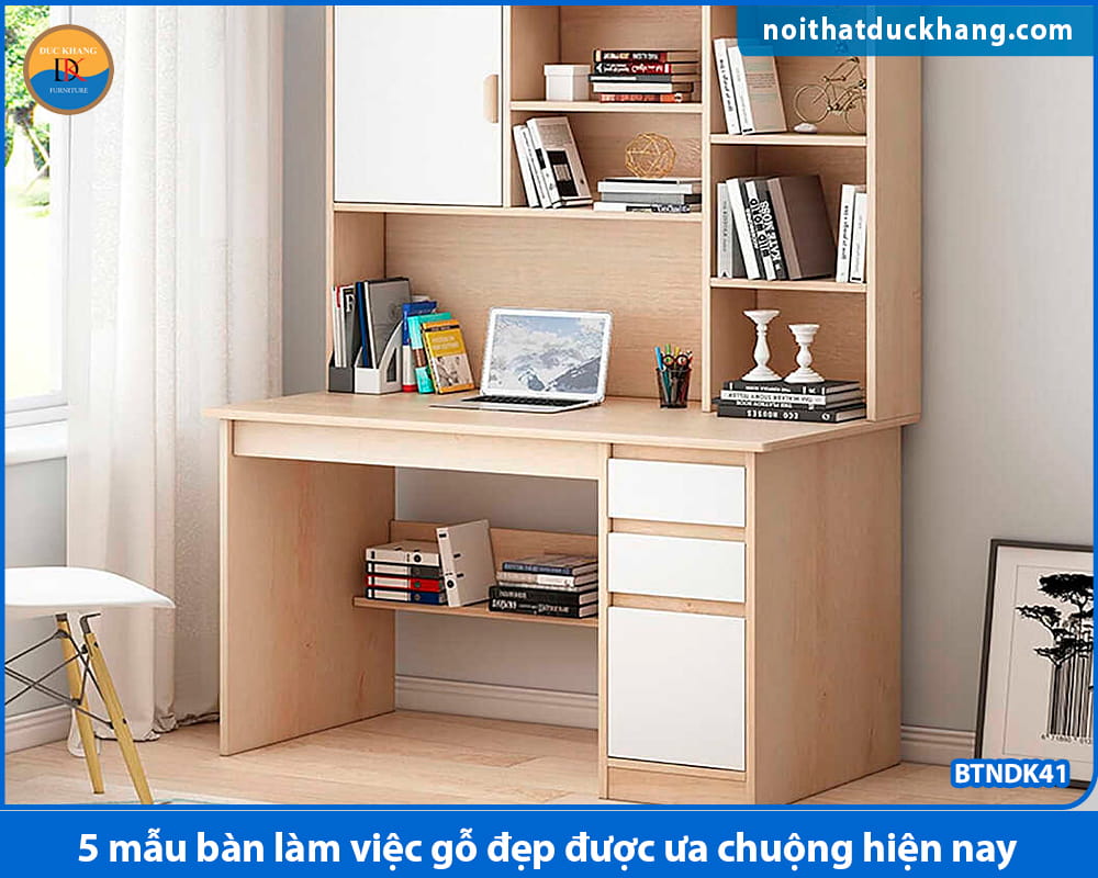Bàn làm việc gỗ đẹp có hộc tủ, giá sách tiện lợi BTNDK41